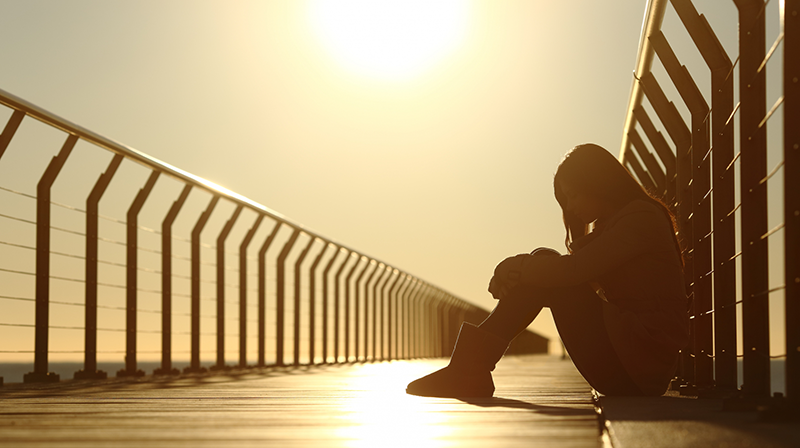 Ung ledsen kvinna sitter på en bro i solnedgången. 