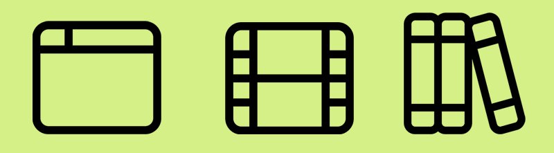 Illustration av en browser, böcker och film på grön bakgrund. 